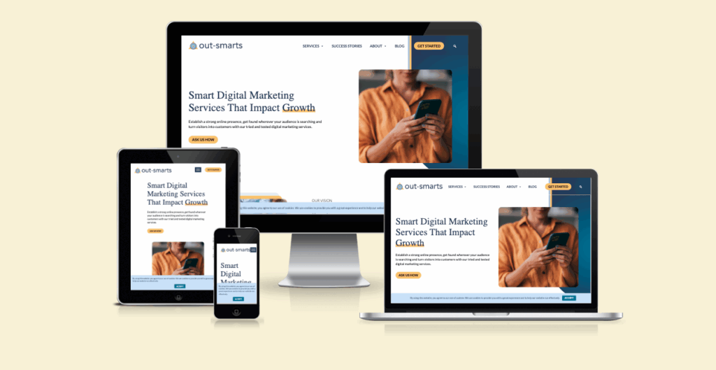 Updated Out-Smarts website interface highlighting refreshed branding